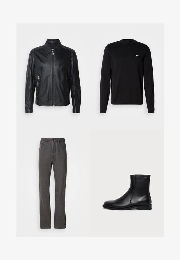 Veste en cuir noire avec un col, fermeture éclair à l'avant, deux poches latérales zippées et des épaules structurées. Texture lisse sur l'ensemble.; Sweat-shirt noir à manches longues en tissu lisse, avec un col et des poignets côtelés, arborant un logo blanc "BOSS" sur le côté gauche de la poitrine.; Jeans en denim gris avec une coupe droite, dotés de poches avant, d'une fermeture à bouton et d'une texture subtile.; Bottine en cuir noir à talon bas, couture latérale et petit logo "HUGO" sur le revers supérieur sur un fond uni.