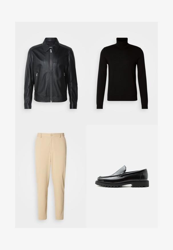 Sort læderjakke med krave, frontlynlås, to lynlåslommer og strukturerede skuldre. Glat tekstur hele vejen igennem.; Sort turtleneck sweater lavet af et fint strikket stof, der har lange ærmer og en tætsiddende silhuet. Glat tekstur med ribbede manchetter.; Beige bukser med struktur i slim fit, med knaplukning foran, bæltestropper og sidelommer. Glat stoffinish.; Sort læderloafer med chunky gummisål, syet overdel og præget mærkenavn på hælen, vist i sideprofil på hvid baggrund.