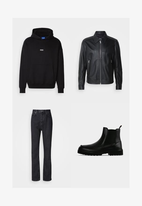 Zwarte leren jas met een kraag, vooraan met een rits, twee steekzakken met rits aan de zijkanten en gestructureerde schouders. Glad oppervlak overal.; HUGO NAZARDO - Hoodie - black; Hoge taille zwarte denim jeans met een knoop- en ritssluiting, voor- en achterzakken en een rechte pasvorm.; Zwarte leren enkellaars met een gestructureerde zool, elastische zijpanelen en een trekriempje op een lichtgrijze achtergrond.
