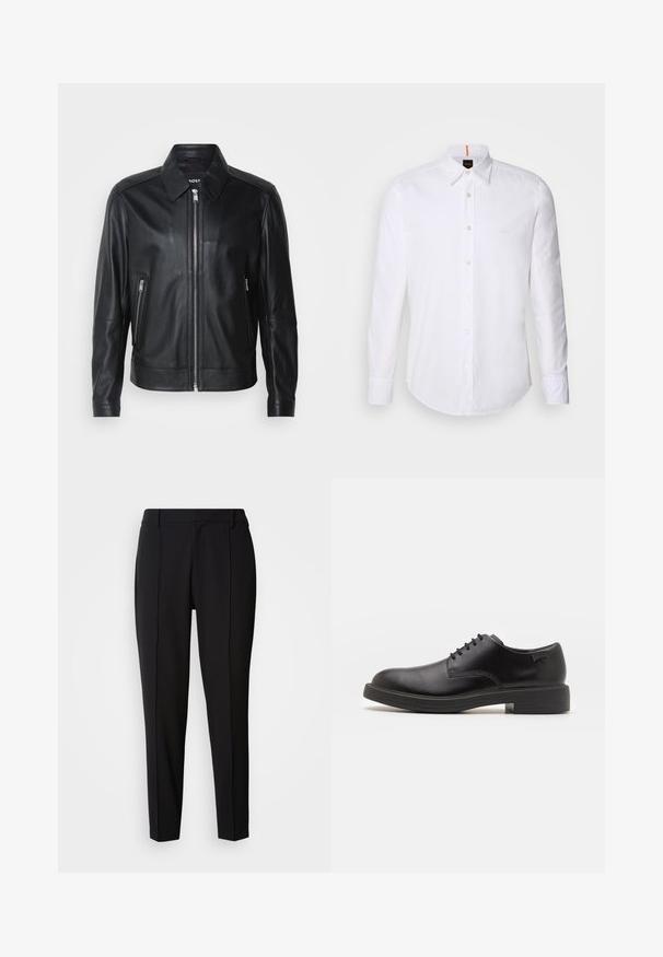 Veste en cuir noire avec un col, fermeture éclair à l'avant, deux poches latérales zippées et des épaules structurées. Texture lisse sur l'ensemble.; Chemise blanche à manches longues et à boutons en coton, avec un col classique, un logo discret près de la poitrine et des boutons blancs.; Calvin Klein PULL ON - Pantalon classique - black; Chaussure noire en cuir à lacets avec un embout arrondi, texture lisse, piqures minimales et un petit talon en caoutchouc. Logo sur le talon.
