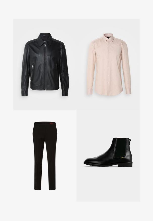 Veste en cuir noire avec un col, fermeture éclair à l'avant, deux poches latérales zippées et des épaules structurées. Texture lisse sur l'ensemble.; Chemise à manches longues rose clair avec un col à boutons, un motif rayé subtil et des motifs circulaires brodés.; HUGO Pantalon de costume - schwarz; Bottine en cuir noir avec panneau latéral élastique, talon bas, languette à l'arrière et petit logo doré "HUGO" sur le côté extérieur.
