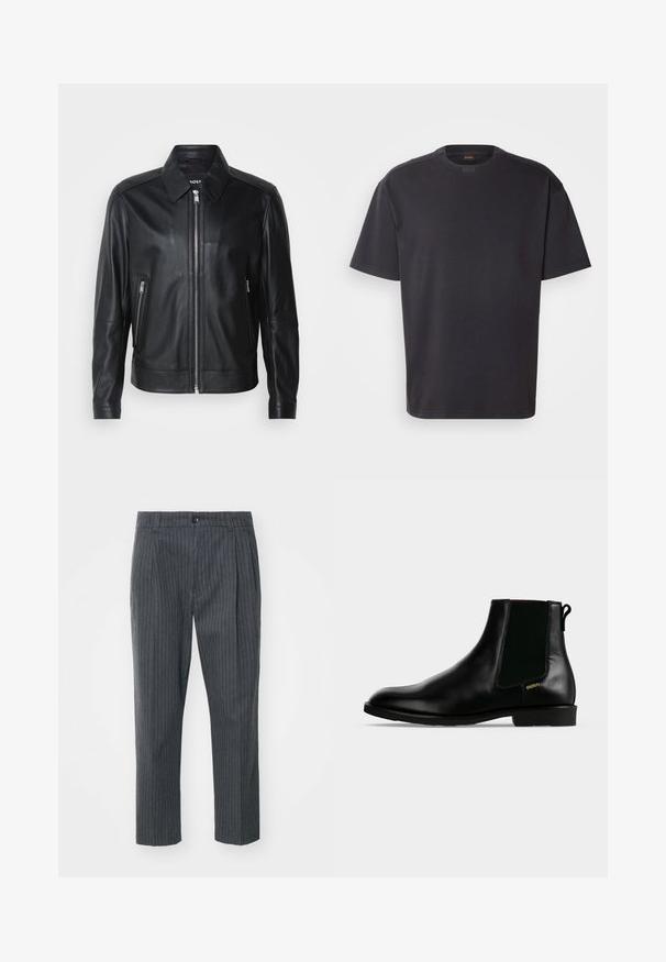Schwarze Lederjacke mit Kragen, vorderem Reißverschluss, zwei seitlichen Reißverschlusstaschen und strukturierten Schultern. Glatte Textur im gesamten Bereich.; Schwarzes T-Shirt mit kurzen Ärmeln aus Baumwolle, mit rundem Halsausschnitt und dezentem Branding am Kragen. Weiche Textur mit lässiger Passform.; Graue Nadelstreifen-Hosen mit geradem Bein, ausgestattet mit einem Knopfverschluss und glattem Stoff. Taillierte Passform mit Falten.; Schwarzer Lederknöchel-Stiefel mit elastischem Seiteneinsatz, niedrigem Absatz, Zuglasche hinten und kleinem goldenem "HUGO" Logo an der Außenseite.