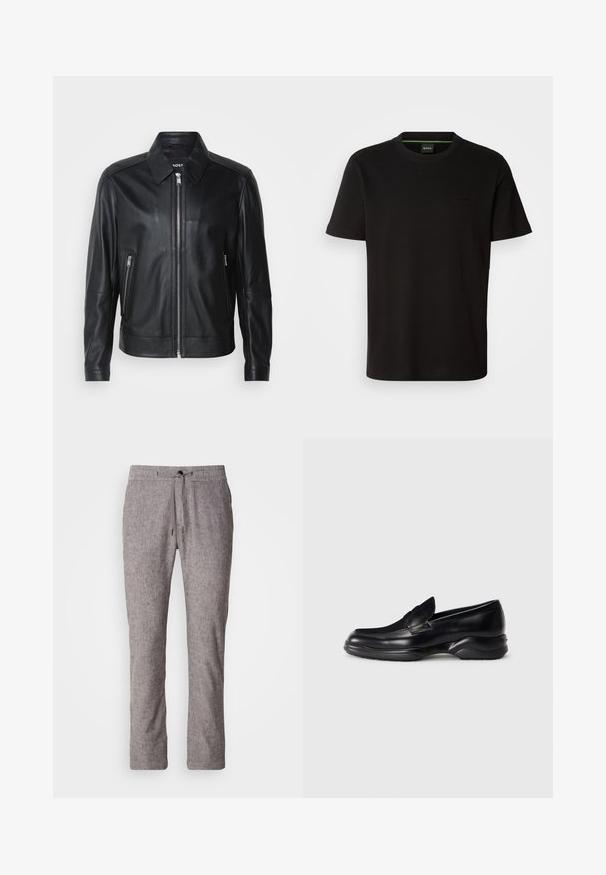 Veste en cuir noire avec un col, fermeture éclair à l'avant, deux poches latérales zippées et des épaules structurées. Texture lisse sur l'ensemble.; T-shirt noir à manches courtes en coton, avec un col rond et un logo en relief subtil sur la poitrine. Texture lisse, coupe standard.; Pantalon gris clair en mélange de lin avec une coupe décontractée, taille élastique et fermeture à cordon. Présente une texture subtile et un design à jambes droites.; Mocassins en cuir noir avec une semelle en caoutchouc texturée et basse, et un design cousu sur le dessus. Présente une pointe arrondie et des embellissements minimaux.