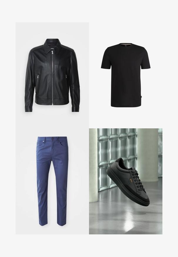 Chaqueta de cuero negra con cuello, cierre frontal de cremallera, dos bolsillos laterales con cremallera y hombros estructurados. Textura suave en todo su diseño.; Camiseta corta negra de algodón suave con cuello redondo. Presenta una sutil etiqueta de la marca en el lado izquierdo cerca del dobladillo.; Pantalones de algodón azul marino con un corte ajustado, diseño de cinco bolsillos y cierre frontal con botón. Textura suave con sutiles detalles de costura.; Zapatilla deportiva baja de cuero negro con cordones negros y el logo dorado "BOSS", exhibida en el aire frente a una pared de bloques de vidrio y suelo gris.