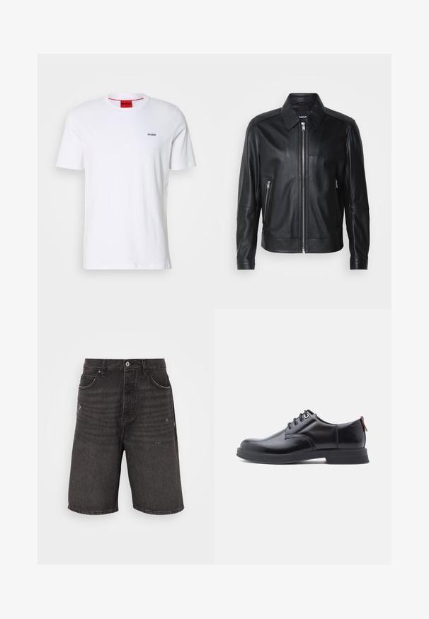 Veste en cuir noire avec un col, fermeture éclair à l'avant, deux poches latérales zippées et des épaules structurées. Texture lisse sur l'ensemble.; T-shirt en coton blanc à manches courtes, avec un col rond et un petit logo noir "HUGO" sur la poitrine gauche. Étiquette intérieure rouge au niveau du col.; Shorts en denim noir avec une coupe décontractée, dotés de poches avant, d'une texture vieilli et d'une taille classique avec une fermeture à bouton unique.; Chaussures en cuir noir à lacets avec une texture lisse, un bout arrondi et des détails de couture discrets. Présentent une languette rouge à l'arrière.
