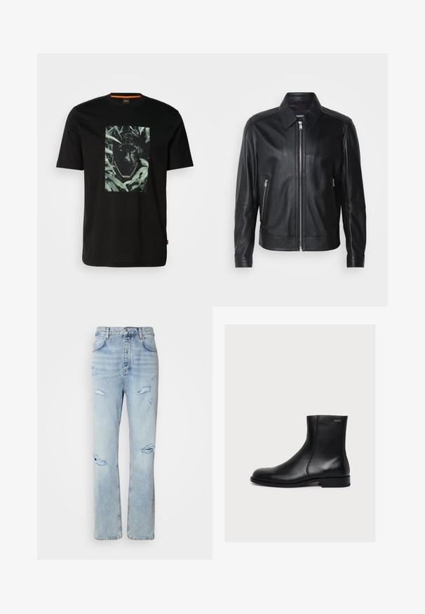 Sort læderjakke med krave, frontlynlås, to lynlåslommer og strukturerede skuldre. Glat tekstur hele vejen igennem.; Sort bomulds t-shirt med et centralt grafik af en panter omgivet af blade, med en kædekrave og "BOSS" tekst. Korte ærmer.; Lysvaskede denimjeans med en afslappet pasform, der har slidte områder og frynsede kanter. Stoffet har en blød, glat tekstur.; Sort glat læderankelstøvle med lav hæl og sidelukning med lynlås, mærket Hugo nær den øverste kant.