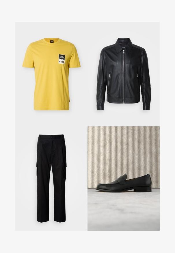 Veste en cuir noire avec un col, fermeture éclair à l'avant, deux poches latérales zippées et des épaules structurées. Texture lisse sur l'ensemble.; T-shirt jaune à manches courtes et col rond avec un graphisme rectangulaire noir et blanc représentant des montagnes et des arbres au-dessus du mot "BOSS" sur la poitrine.; Pantalon cargo noir à coupe décontractée, avec poches latérales, fermeture par bouton, et tissu léger et lisse.; Mocassin en cuir noir flottant au-dessus d'un tapis beige avec une table ronde brune brillante en arrière-plan.