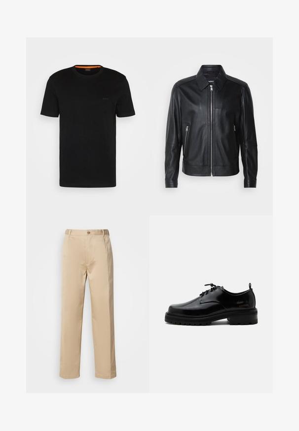 Veste en cuir noire avec un col, fermeture éclair à l'avant, deux poches latérales zippées et des épaules structurées. Texture lisse sur l'ensemble.; T-shirt noir à manches courtes fabriqué en tissu doux, avec un col rond et un logo discret à l'avant. Le col intérieur comporte un accent orange.; Pantalons beiges en tissu léger, avec une coupe droite, une taille avec passants de ceinture et une fermeture à bouton sur le devant.; Chaussure en cuir noir poli à lacets, semelle en caoutchouc épaisse et talon bas, texte de marque "SAMSOE" sur le côté et languette arrière.