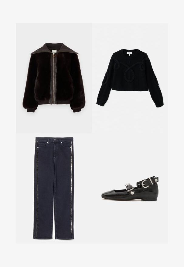 Faux fur bomberjack in diepbruin met een leren voorkant, gouden rits en ribgebreide manchetten en kraag voor extra textuur en contrast.; Zwart gebreid sweater met een cropped ontwerp, gestructureerde stof en gevlochten accenten op de voorkant en mouwen.; Donkerdenim jeans met een rechte pijpdesign en een rij metalen studs langs de zijnaden, wat een onderscheidende accent geeft.; Zwarte gepatineerde leren platte schoen met een vierkante neus, enkelband met zilverkleurige hardware en platte zool. Gladde textuur met minimalistisch ontwerp.
