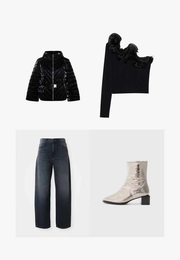 Schwarze Pufferjacke mit glänzender Oberfläche, Kapuze, durchgehendem Reißverschluss und diagonaler Steppung. Verfügt über einen Gürtel mit einer metallischen Schnalle.; Schwarzes Top mit einem Schulterträger, das mit einem rüschenartigen, transparenten Überzug entlang des Ausschnitts versehen ist, aus leichtem Material mit glatter Textur gefertigt.; Weite Jeans in dunkelblauem Denim, mit hoher Taille, klassischem Knopf- und Reißverschluss und subtilen Ausbleichungen an der Vorderseite.; Metallisch silberner Knöchelstiefel mit spitzer Zehe und Blockabsatz. Glatte Textur, elegantes Design und minimalistische Nähdetails.