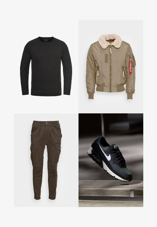 Veste bomber beige avec un col en fausse fourrure, des poignets et un ourlet côtelés. Comprend des poches zippées et une étiquette rouge sur le bras. Texture lisse.; Sweatshirt noir à manches longues et col rond, fabriqué en tissu texturé, avec un petit patch de marque marron sur le côté inférieur droit.; Pantalons cargo marron avec une coupe décontractée. Caractéristiques : taille élastique, poches latérales et jambes effilées avec manchons élastiques. Fabriqués dans un tissu durable.; Baskets Nike Air Max noires et grises avec un logo blanc, suspendues au-dessus d'une surface en béton sur un fond sombre flou.