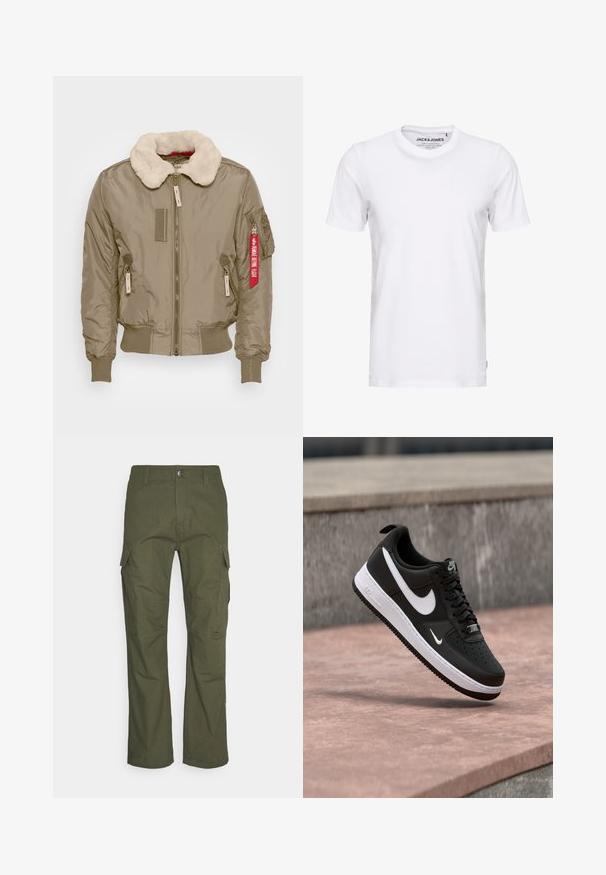 Beige bomberjakke med en kunstlæderkrave, ribbede manchetter og bunden. Har lynlåslommer og et rødt mærke på armen. Glat tekstur.; Hvid t-shirt med korte ærmer lavet af bomuld, med en rund hals og et enkelt design. Brandtag synlig på halsområdet. Ingen mønstre eller accenter.; Cargo bukser i mørke olivengrøn med flere sidelommer, lige snit og et slidstærkt stof med en tekstureret overflade.; Sort-hvid Nike Air Force 1 sneaker svævende over en lyserød betonflade med en grå stenbaggrund.