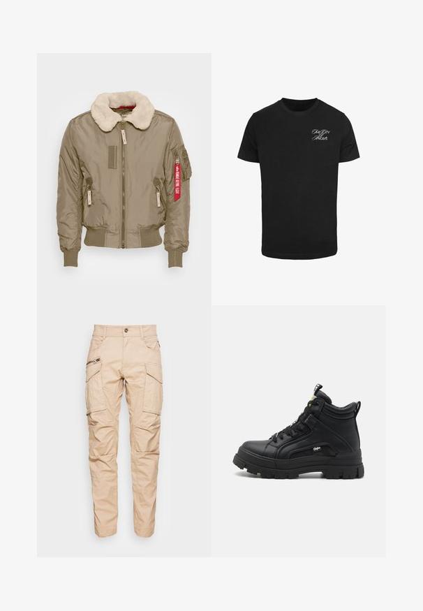 Beige Bomberjacke mit einem Kunstfellkragen, gerippten Bündchen und Saum. Verfügt über Reißverschlusstaschen und ein rotes Etikett am Arm. Glatte Textur.; Schwarzes Baumwoll-T-Shirt mit Rundhalsausschnitt, auf der linken Brust mit weißem Text in einer geschwungenen Schrift "DIE STADT DER ENGEL".; Beige Cargo-Hosen aus strapazierfähigem Material, mit mehreren Taschen, Reißverschluss-Akzenten und einem leicht schmal zulaufenden Bein-Design.; Schwarze hoch geschnittene Schuhe aus strukturiertem Leder, mit einer dicken Gummisohle, Schnürung vorne und einem kleinen Logodetail an der Seite.