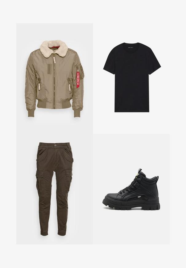 Beige bomberjakke med en kunstlæderkrave, ribbede manchetter og bunden. Har lynlåslommer og et rødt mærke på armen. Glat tekstur.; Sort bomulds t-shirt med korte ærmer og rund halsudskæring. Stoffet har en glat tekstur og et enkelt, ensfarvet design.; Brune cargo bukser med afslappet pasform. Har elastisk talje, sidelommer og taperede ben med elastiske manchetter. Fremstillet af slidstærkt stof.; Sorte sneakers støvler lavet af tekstureret læder, med en tyk gummisål, snørebånd foran og en lille logo detalje på siden.