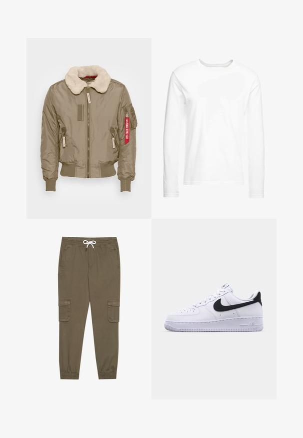 Chaqueta bomber beige con un collar de piel sintética, puños y dobladillo acanalados. Cuenta con bolsillos con cremallera y una etiqueta roja en la manga. Textura suave.; Camiseta blanca de manga larga hecha de algodón suave. Cuello redondo con dobladillos rectos y sin patrones ni gráficos visibles.; Pantalones cargo caqui con cintura elástica y cordón, que cuentan con bolsillos laterales y tobillos ajustados. Fabricados en un material ligero y texturizado.; Zapatilla blanca de cuero con un Swoosh negro texturizado, cordones planos y una suela de goma con un patrón estriado. "AIR" está grabado en el talón.