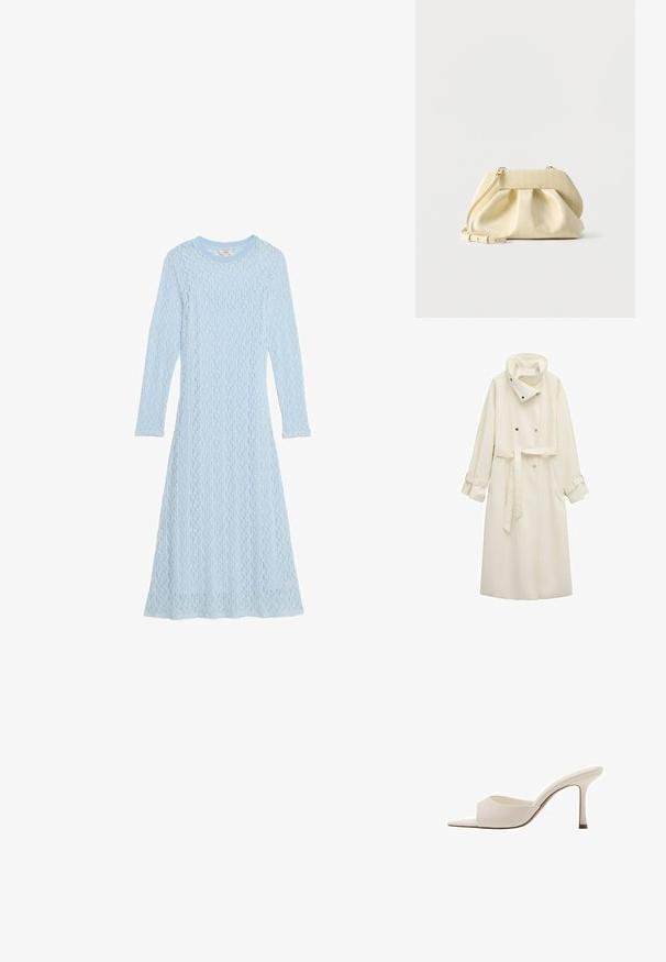 Lange crème trenchcoat met hoge kraag, dubbelgeknoopte knopen, taille met ceintuur en verstelbare riemmanchetten.; Lichtblauw langemouwen jurk gemaakt van getextureerde brei-stof met een ronde hals. Heeft een vloeiende silhoutte en een subtiel patroon.; Beige open-toe hoge hak mule met een slanke hak en een brede band over de voorkant, zijaanzicht op een witte achtergrond.; Kleine lichtgele leren handtas met geplooide voorkant, gouden beslag en verstelbare schouderriem op een witte achtergrond.