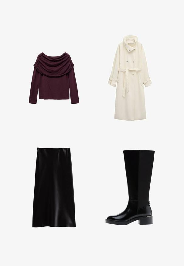 Lang cremefarvet trenchcoat med høj krave, dobbeltradede knapper, bælte i taljen og justerbare stropmanchetter.; Langærmet top i dyb lilla med en draperet cowl-neck og blød tekstur. Designet er afslappet og let løstsiddende.; Sort satin maxi nederdel med en glat overflade, lige snit og elastisk talje. Ingen synlige mønstre eller udsmykninger.; Sort knæhøj støvle med en blank læderfinish, firkantet tå og kraftig hæl. Har et kontrasterende mat panel og en trækflap bagpå.
