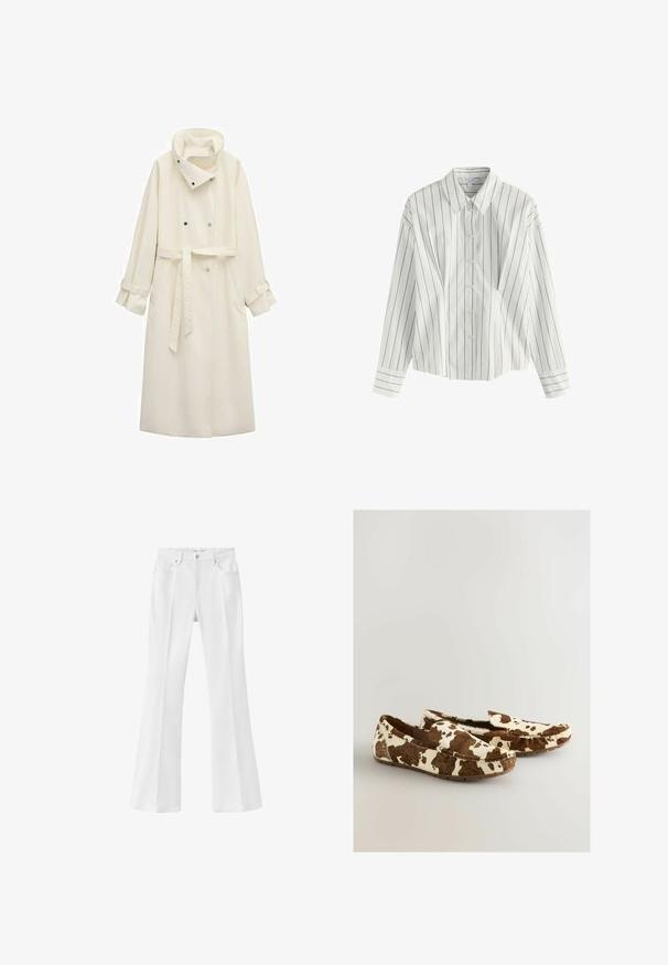 Long manteau trench crème avec col montant, boutons croisés, taille ceinturée et poignets à sangles réglables.; Chemise blanche à manches longues, boutonnée, avec des fines rayures verticales noires et un col pointu, présentée sur un fond blanc uni.; Jean blanc évasé à taille haute avec bouton frontal, passants pour ceinture et design à cinq poches sur fond uni.; Mocassins en imprimé vache faits d'un matériau doux avec un motif marron et blanc, dotés d'un design à enfiler et d'une semelle plate en caoutchouc.