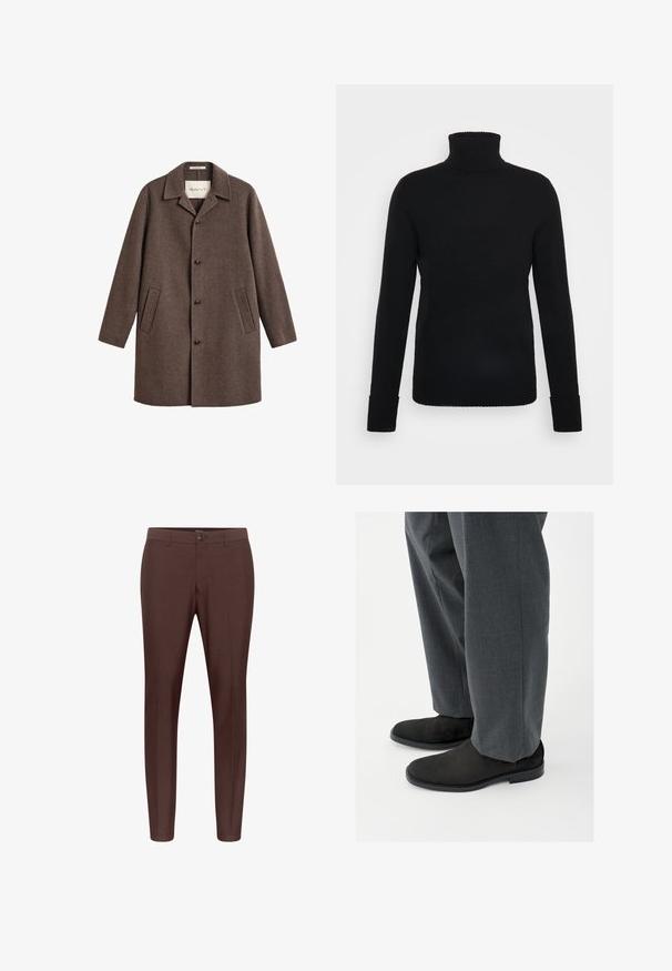 Brauner Wollmantel mittlerer Länge mit Kragen, vier vorderen Knöpfen und zwei schrägen Seitentaschen, mit dem Etikett "GANT" im Nacken.; FTC Cashmere ROLLNECK - Strickpullover - moonless night; Braune maßgeschneiderte Hose mit flachem Frontdesign, Gürtelschlaufen und einem einzigen Knopfverschluss. Hergestellt aus einem glatten Stoff mit geradem Bein.; Schwarze Stiefeletten aus Wildleder mit glatter Textur, rundem Zehenbereich und niedrigem Absatz, kombiniert mit maßgeschneiderten grauen Hosen mit einem dezenten Muster.