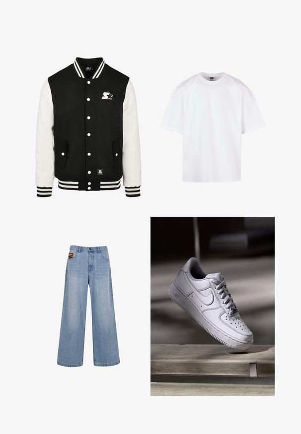 Heren varsityjack, zwarte wollen body met witte leren mouwen. Bevat geribbelde manchetten en zoom, drie witte knopen en een logo op de borst.; Witte korte mouw t-shirt met een ronde hals, gemaakt van katoen, met een ontspannen pasvorm en minimale stiksel-details.; Lichtblauwe wijde jeans met hoge taille en een klein kleurrijk geweven detail dat uit de rechtervoorkant van de broekzak steekt.; Witte Nike Air Force 1 sneaker van leer met geperforeerde neus, platte veters en een gestructureerde rubberen zool met "AIR"-logo aan de zijkant.