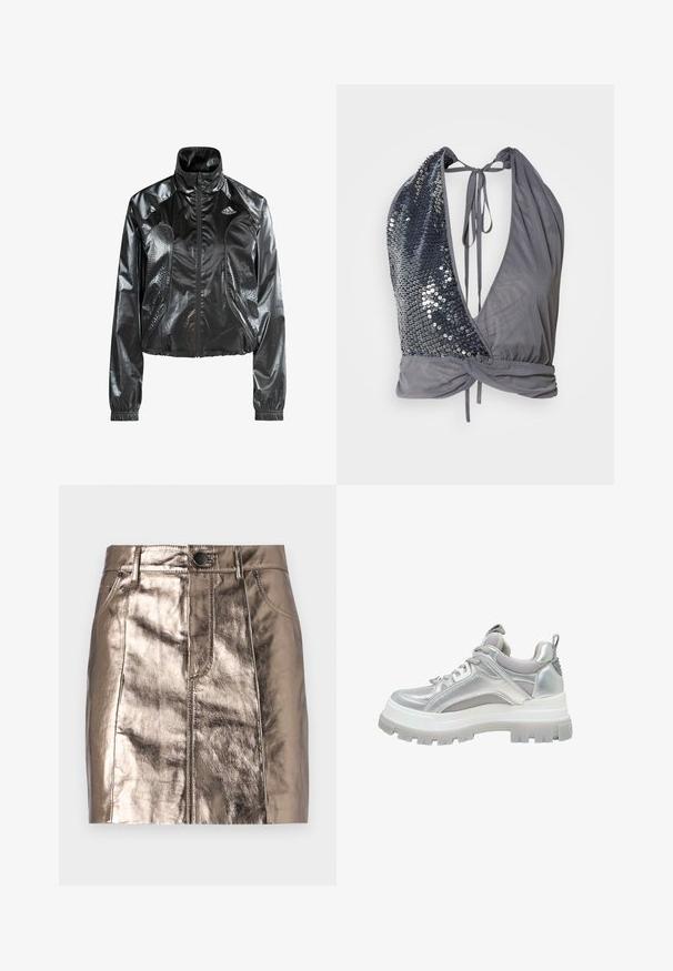 Čierna, lesklá skrátená bunda s vysokým golierom, zapínaním na zips, bočnými vreckami a perforovanými detailmi. Na hrudi je logo adidas.; Halterový top v sivej látke s hlbokým V výstrihom. Jedna strana je zdobená tmavými flitrami, zatiaľ čo druhá strana je hladká s viazaným detailom na zadnej strane.; Metalická bronzová mini sukňa z denimu so štýlovým strihom, prednými vreckami a pásom so zapínaním na gombík. Hladká a lesklá textúra.; Teniska s hrubou podrážkou v striebornej farbe s mesh panelmi, polstrovaným golierom, šnurovaním a pútkom na päte, pohľad zboku.