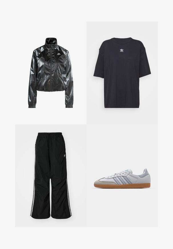 Čierna, lesklá skrátená bunda s vysokým golierom, zapínaním na zips, bočnými vreckami a perforovanými detailmi. Na hrudi je logo adidas.; Čierne bavlnené tričko s krátkymi rukávmi, okrúhlym výstrihom, na hrudi s bielym logom Adidas. Jednoduchý dizajn, voľný strih.; Čierne vetrovky nohavice s elastickým pásom, šnúrkou na stiahnutie, bielymi bočnými pruhmi, voľným strihom, s malým logom na ľavej strane.; Biele kožené tenisky s svetlomodrými akcentmi, sivým semišovým špičkou a hnedou gumovou podrážkou. Obsahujú tri modré pruhy a branding "Samba".