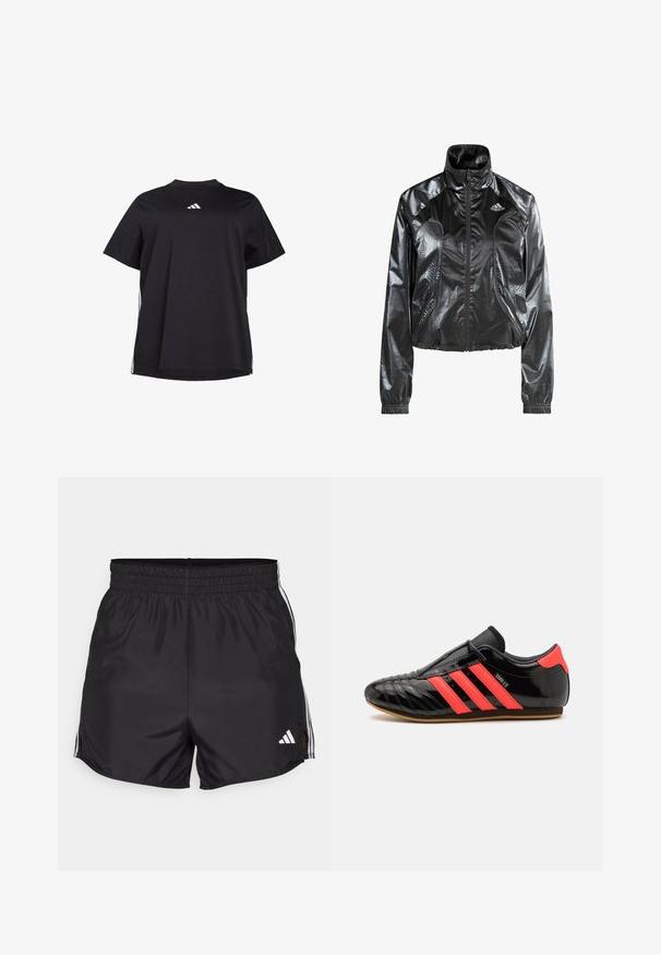 Schwarze, glänzende, kurz geschnittene Jacke mit hohem Kragen, Reißverschluss, Seitentaschen und perforierten Details. Mit Adidas-Logo auf der Brust.; Schwarzes T-Shirt mit kurzen Ärmeln aus weichem Stoff, ausgestattet mit einem weißen horizontalen Akzent an den Seiten und einem weißen Logo auf der Brust.; Schwarze Sportshorts mit elastischem Bund, seitlichen Schlitzen und weißen drei Streifen Akzenten. Enthält ein kleines weißes Logo auf der unteren rechten Seite.; Schwarze Sportschuhe mit drei horizontalen rosa Streifen, elegantes Design, glattes Lackleder-Obermaterial, Gummisohle, strukturierte Nähte.