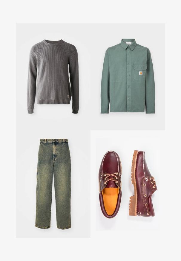 Grøn langærmet skjorte med knapper, krave, brystlomme med knapklap og et lille Carhartt-logo på lommen.; Grå ribbestrikket sweater med lange ærmer og rund halsudskæring. Har en tekstureret overflade og et lille logo mærke på kanten.; Slidse denim jeans i en falmet blå og grøn vask. Har en knaplukning, bælteløkker og sidelommer. Flad front og lige ben-design.; Bordeaux lædersko med brune gummisåler, rund tå, hvid syning og gyldne snøringer. Indersiden har et gult for.