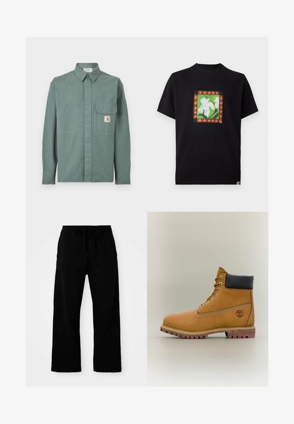 Grøn langærmet skjorte med knapper, krave, brystlomme med knapklap og et lille Carhartt-logo på lommen.; Sort t-shirt med korte ærmer med et centralt firkantet grafisk motiv af hvide blomster, grønne stængler og en orange geometrisk kant.; Sorte bukser med elastisk talje og justerbar snor, brede ben og en glat bomulds struktur. Ingen synlige mønstre eller hardware detaljer.; Brun læderankelstøvle med sort krave, gule snørebånd og tanfarvet sål. Har logo og hvide syninger som detalje. Robust ydersål med greb.