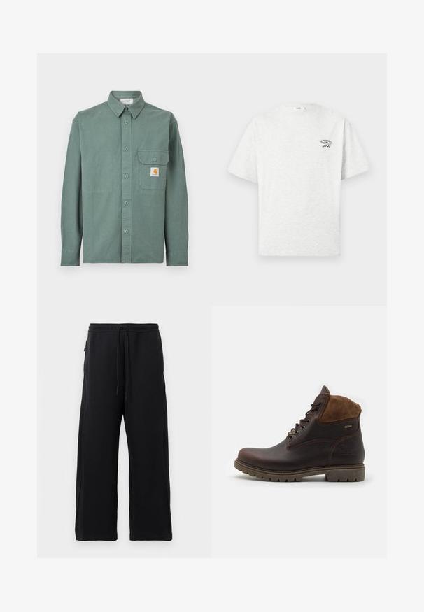 Chemise verte à manches longues avec boutons, col, poche poitrine avec rabat à bouton, et une petite étiquette logo Carhartt sur la poche.; T-shirt gris clair à manches courtes et col rond avec un petit logo noir et le texte "MXVI" sur la partie supérieure gauche de la poitrine.; Pantalons de survêtement noirs en tissu doux, dotés d'une taille avec cordon de serrage, d'une coupe large et de poches latérales avec une texture lisse.; Bottines en cuir marron avec des accents en daim, bout rond, huit œillets et une semelle en caoutchouc robuste. Détail imperméable noté sur le côté.