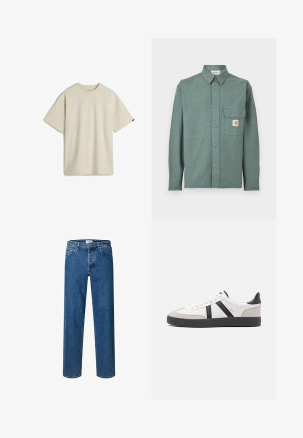 Grünes, langärmliges Hemd mit Knöpfen, einem Kragen, einer Brusttasche mit Knopfklappe und einem kleinen Carhartt-Logo-Patch auf der Tasche.; Beige Baumwoll-T-Shirt mit kurzen Ärmeln, Rundhalsausschnitt und kleinem weißen Logo auf der Brust. Glatte Textur mit lässiger Passform.; Blaue Jeans mit geradem Bein, Knopf- und Reißverschluss, Gürtelschlaufen und Fünf-Taschen-Design.; Weiße Sneaker mit schwarz- und grau-aczenten, ausgestattet mit einer strukturierten grauen Zehenkappe, schwarzer Gummi-Sohle und flachen weißen Schnürsenkeln. Sauberes Design, minimalistische Stil.