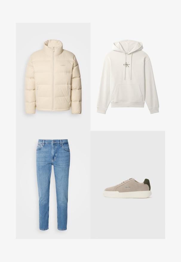 Chaqueta acolchada beige con un alto cuello, cierre de cremallera y dos bolsillos laterales. Presenta un diseño de acolchado y una textura suave y lisa.; Sudadera blanca con capucha, bolsillo delantero y cordones, con un pequeño logo de Calvin Klein en el centro del pecho.; Vaqueros de mezclilla azul claro con corte recto, diseño de cinco bolsillos y un sutil desgastado. Presentan un cierre de botón y pasadores para cinturón.; Zapatillas de piel de ante beige con suela de goma blanca, que presentan un acento en el talón de color verde oscuro y un sutil logo en el lateral.