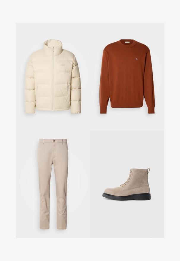 Beige puffjakke med høj krave, lynlåslukning og to sidelommer. Har en quiltet design og en blød, glat tekstur.; Rustfarvet crewneck sweater i fint strik, med ribbede manchetter og kant, og med et lille blåt logo på brystet. Blød tekstur.; Beige bomulds chinos med lige pasform, bæltestropper, en enkelt frontknap og en glat, utextureret overflade. Ingen lommer er synlige.; Beige ruskindsankelstøvler med sort gummisål, snørelukning og et lille logo præget på siden, med en løftestrop bagpå.