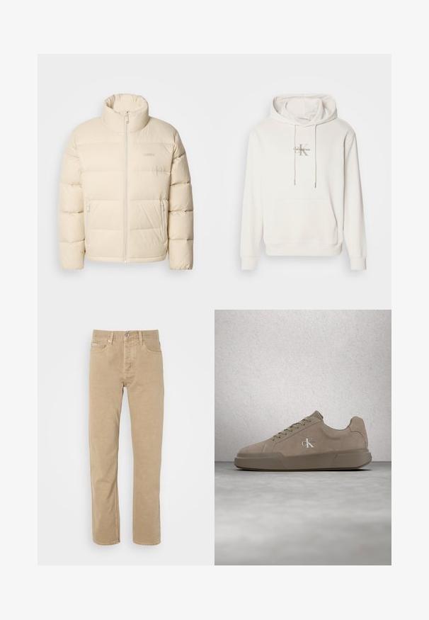 Doudoune beige avec un col haut, fermeture éclair et deux poches latérales. Présente un design matelassé et une texture douce et lisse.; Sweatshirt à capuche blanche en tissu doux ; il possède une poche kangourou à l'avant, des poignets côtelés et un logo avec "Calvin Klein" au-dessus d'un "K" stylisé.; Pantalons en coton beiges au design à jambe droite, avec poches avant, fermeture à bouton et détails de couture subtils le long des coutures.; Baskets en daim beige avec lacets et logo "ck", présentées en suspension au-dessus d'un sol en béton poli avec un mur en blocs de verre en arrière-plan.
