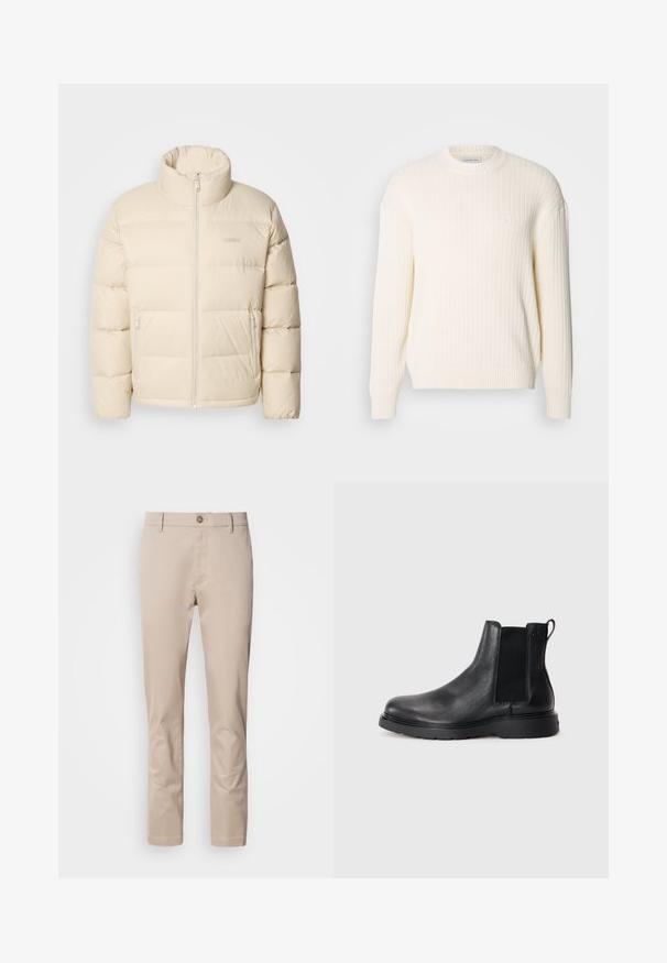 Chaqueta acolchada beige con un alto cuello, cierre de cremallera y dos bolsillos laterales. Presenta un diseño de acolchado y una textura suave y lisa.; Suéter de punto acanalado en blanco roto, con cuello redondo, mangas largas y un sutil detalle de logo en el pecho. Textura suave.; Chinos de algodón beige con corte recto, trabillas para cinturón, un solo botón frontal y una superficie lisa, sin texturizar. No se ven bolsillos.; Botas Chelsea de cuero negro con acabado texturizado, paneles laterales elásticos y una suela de goma resistente. Marca sutil en el talón.