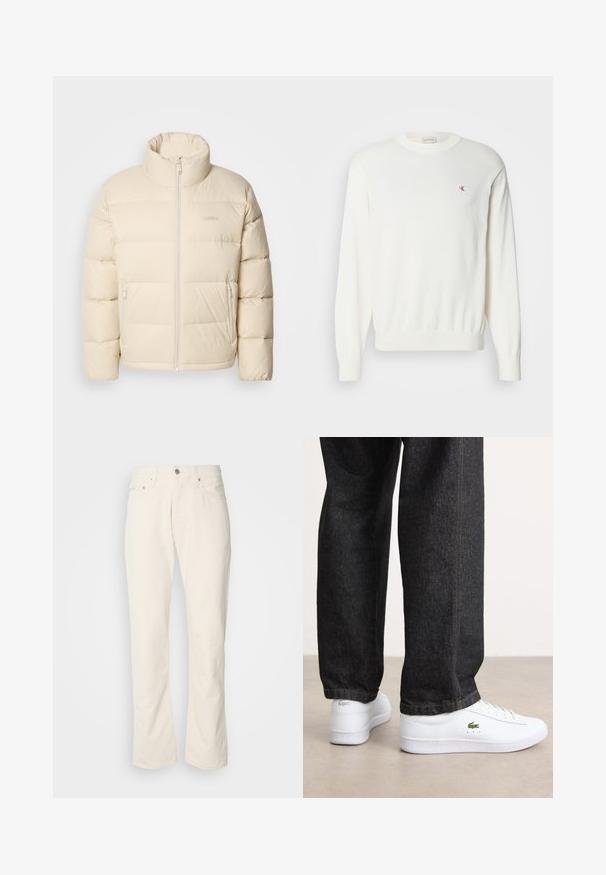 Beige pufferjack met hoge kraag, ritssluiting en twee zijzakken. Heeft een gestikt design en een zachte, gladde textuur.; Witte gebreide trui met lange mouwen, geribbelde manchetten en zoom, met een klein rood logo op de borst. Zachte textuur, ronde halslijn.; Beige katoenen jeans met een klassiek recht model, met een knoopsluiting aan de voorkant, vijf zakken en subtiele stikdetails.; Witte leren sneakers met een laag profiel en een groen logo, gecombineerd met donkere spijkerbroek met gele stiksels.