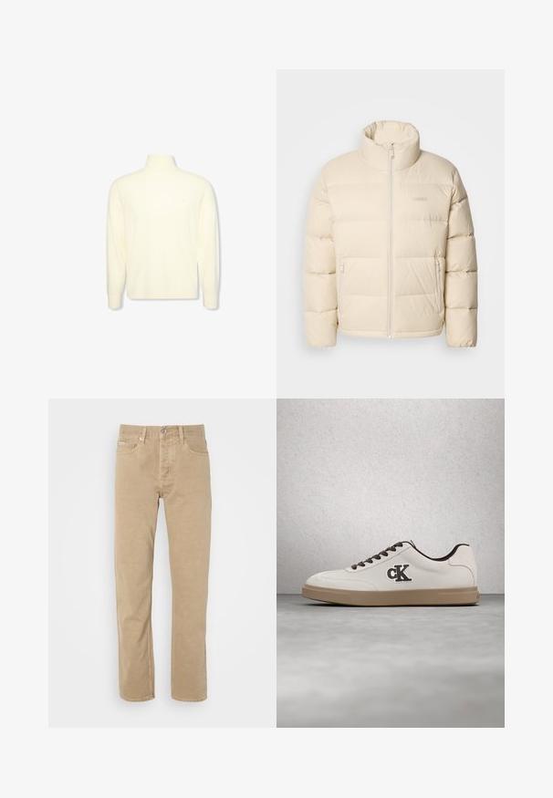 Beige puffjakke med høj krave, lynlåslukning og to sidelommer. Har en quiltet design og en blød, glat tekstur.; Kremfarvet langærmet højhalset sweater med ribbet manchetter og et diskret logo på brystet, vist på en ensfarvet hvid baggrund.; Beige bomuldsbukser med lige ben, der har forlommer, knaplukning og diskrete syninger langs sømmene.; Hvid sneakers med brune accenter, ruskindsmateriale, flade snørebånd og gummisål. Har en logo på siden og en glat tekstur.