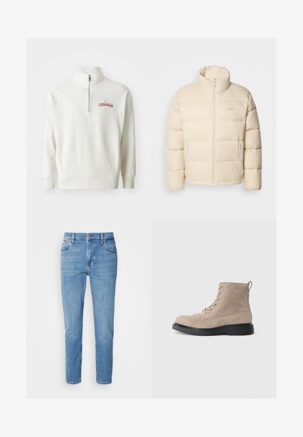 Beige puffjakke med høj krave, lynlåslukning og to sidelommer. Har en quiltet design og en blød, glat tekstur.; Lys creme farvet pullover sweatshirt med høj krave, halv-zip lukning og broderet rød "calvin" logo på brystet. Blød tekstur, afslappet pasform.; Lys blå denim jeans med lige snit, fem-lomme design og subtilt slid. Har knaplukning og bæltestropper.; Beige ruskindsankelstøvler med sort gummisål, snørelukning og et lille logo præget på siden, med en løftestrop bagpå.