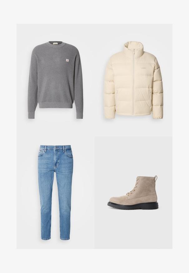 Chaqueta acolchada beige con un alto cuello, cierre de cremallera y dos bolsillos laterales. Presenta un diseño de acolchado y una textura suave y lisa.; Suéter de punto gris de manga larga con textura acanalada y pequeño parche cuadrado del logo CK en el lado izquierdo del pecho, cuello redondo.; Vaqueros de mezclilla azul claro con corte recto, diseño de cinco bolsillos y un sutil desgastado. Presentan un cierre de botón y pasadores para cinturón.; Botines de ante beige con suela de goma negra, diseño con cordones y un pequeño logotipo grabado en el lateral, que cuenta con una lengüeta en la parte posterior.