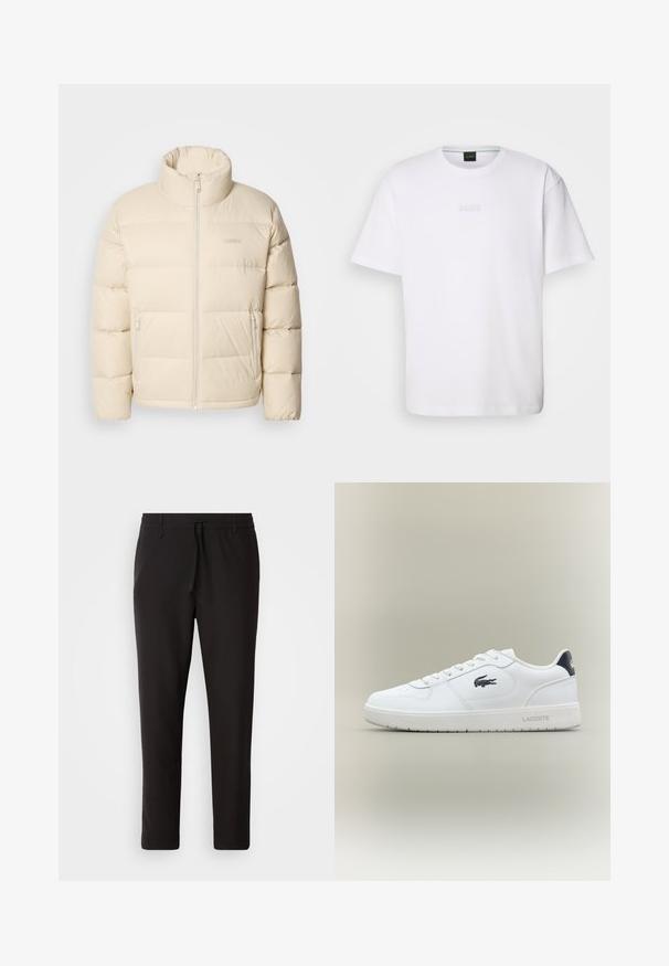 Chaqueta acolchada beige con un alto cuello, cierre de cremallera y dos bolsillos laterales. Presenta un diseño de acolchado y una textura suave y lisa.; Camiseta de algodón blanca de manga corta, con escote redondo y logotipo grabado de "BOSS" en el pecho. Textura suave, ajuste estándar.; Pantalones de chándal negros de tejido suave. Cuentan con una cintura elástica con cordón, piernas ajustadas y sin bolsillos visibles. Diseño sencillo.; Zapatilla baja blanca de Lacoste con el logo de cocodrilo negro en el lateral, cordones blancos y una pestaña de talón negra, exhibida sobre un fondo neutro.