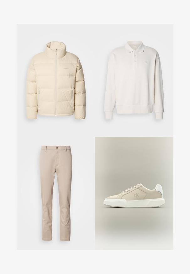 Beige puffjakke med høj krave, lynlåslukning og to sidelommer. Har en quiltet design og en blød, glat tekstur.; Off-white langærmet polo skjorte med ribbet struktur, tre knapper ved kraven og et diskret logo på venstre bryst.; Beige bomulds chinos med lige pasform, bæltestropper, en enkelt frontknap og en glat, utextureret overflade. Ingen lommer er synlige.; Beige lavtopsneaker med tyk hvid sål, snørebånd, hvid hælkappe og diskret CK-logo på sidepanelet.