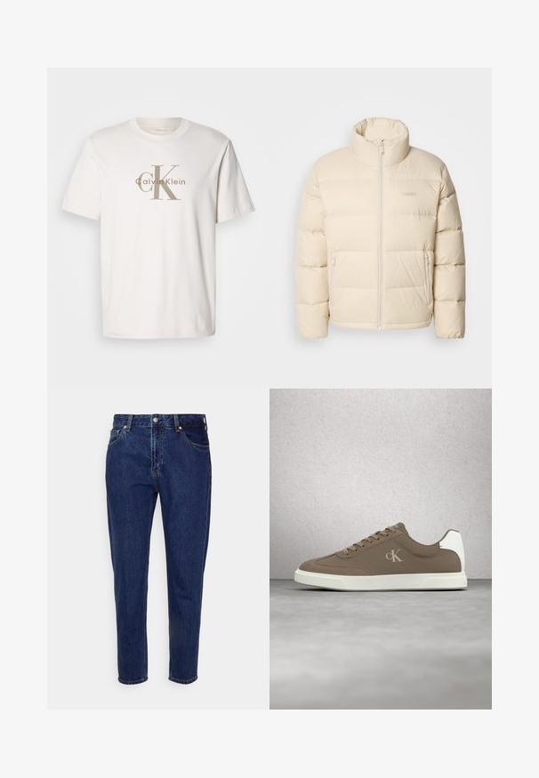 Beige puffjakke med høj krave, lynlåslukning og to sidelommer. Har en quiltet design og en blød, glat tekstur.; Hvid kortærmet bomulds t-shirt med beige "cK Calvin Klein" logo trykt over brystet, rund udskæring og afslappet pasform.; Mørkeblå straight-leg cowboybukser med forreste knap- og lynlås-lukning, bæltestropper samt for- og baglommer.; Taupe Calvin Klein-sneaker med beige snørebånd og hvid sål, svævende over en glat grå gulv nær en glasblokvæg.