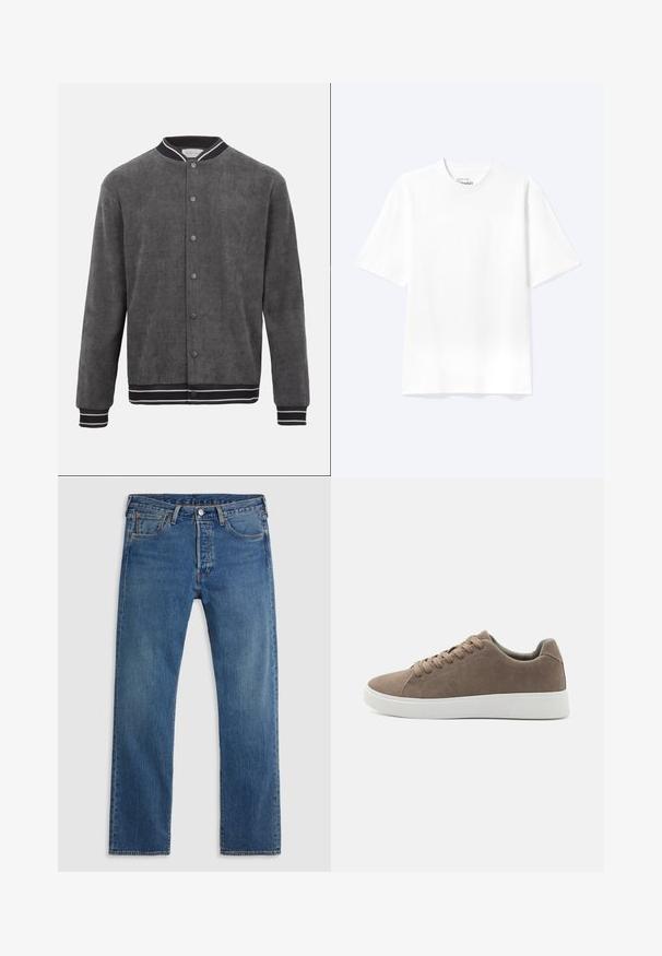 Chaqueta bomber de pana gris oscuro con cuello, puños y dobladillo acanalados a rayas en blanco y negro, cierre frontal con botones a presión.; Camiseta lisa blanca de manga corta y cuello redondo con un corte relajado, mostrada sobre un fondo claro.; Vaqueros de mezclilla azul de pierna recta con cinco bolsillos, presillas para el cinturón y un cierre frontal con botón y cremallera sobre un fondo liso.; Zapatillas de ante marrón con suelas de goma blanca planas, diseño de cordones, punta redondeada y una textura suave. Estilo minimalista con sutiles detalles de costura.