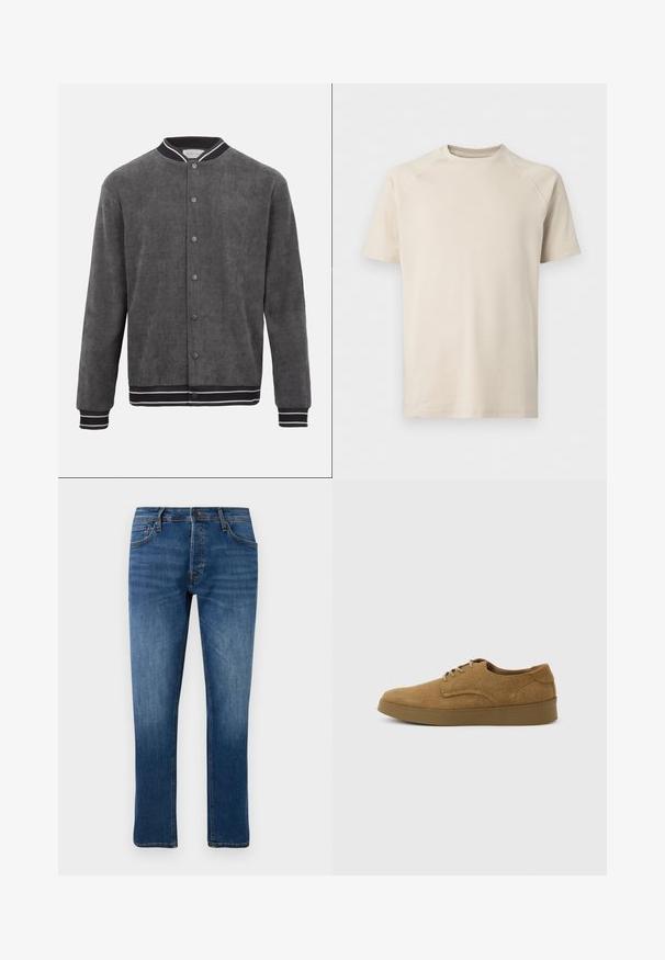 Donkergrijze corduroy bomberjack met zwart-wit gestreepte geribbelde kraag, manchetten en zoom, sluiting aan de voorkant met drukknopen.; Beige T-shirt met korte mouwen en ronde hals met raglanmouwen, effen en van gladde stof.; Blauwe rechte spijkerbroeken met vijf zakken, knoopsluiting en subtiele vervaging op de dijen en knieën, weergegeven tegen een witte achtergrond.; Bruine suède veterschoen voor vrijetijdskleding met een platte rubberen zool, zijaanzicht tegen een eenvoudige lichte achtergrond.