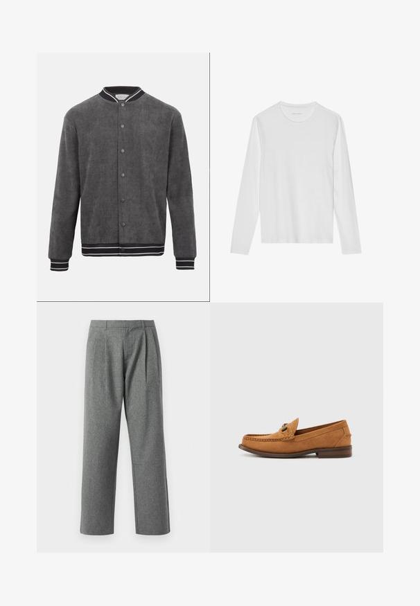 Blouson aviateur en velours côtelé gris foncé avec col, poignets et ourlet côtelés rayés noir et blanc, fermeture à bouton-pression à l'avant.; T-shirt blanc à manches longues en coton doux, avec un col rond et une texture lisse sans motifs ni accents visibles.; Pantalons gris à jambes droites en tissu texturé, avec des plis à l'avant et une taille basique, sans poches visibles.; Mocassin pour homme en daim marron clair avec détail en métal et couture mocassin, présenté en profil sur un fond blanc uni.