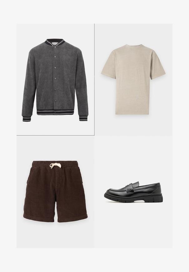 Blouson aviateur en velours côtelé gris foncé avec col, poignets et ourlet côtelés rayés noir et blanc, fermeture à bouton-pression à l'avant.; T-shirt à manches courtes en beige clair avec un col rond, fabriqué en tissu doux, présentant une texture lisse et un design simple sans graphismes.; Shorts en velours côtelé brun avec une taille élastique, une fermeture à cordon de serrage et des poches latérales. Le tissu présente un motif côtelé vertical et une finition texturée.; Mocassin en cuir noir avec une large sangle sur le devant, semelle en caoutchouc à épaisse rainure, et texture lisse. Design classique et élégant.
