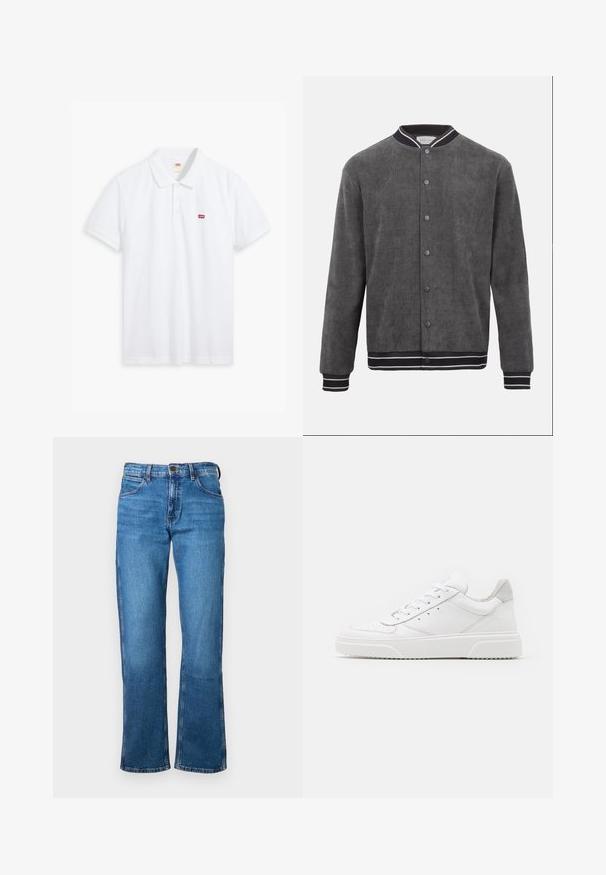 Donkergrijze corduroy bomberjack met zwart-wit gestreepte geribbelde kraag, manchetten en zoom, sluiting aan de voorkant met drukknopen.; Witte polo shirt van katoen. Voorzien van een drie-knopen sluiting, korte mouwen en een klein rood Levi's logo op de linkerborst.; Blauwe spijkerbroek met een rechte pijp ontwerp, met een klassieke vijf-pocket stijl, metalen knoop en ritssluiting. Soepele textuur, geen patronen.; Witte leren sneakers met een gladde afwerking, ronde neus, platte veters en een gestructureerde zool. Grijze suède accent bij de hiel.