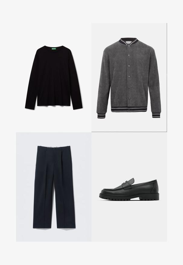 Dunkelgraue Cord-Bomberjacke mit schwarz-weiß gestreiftem, geripptem Kragen, Bündchen und Saum, vorn mit Druckknöpfen verschließbar.; Schwarz langärmliges T-Shirt mit Rundhalsausschnitt und grünem Etikett am Ausschnitt auf weißem Hintergrund.; Dunkelblaue Hose aus glattem Stoff, mit tailliertem Schnitt, zwei Vordertaschen und Knopfverschluss.; Schwarze Lederloafer mit runder Zehenform, ausgestattet mit einem gesteppten Design, niedrigem Plattformsohle und einer strukturierten, genoppten Gummisohle.