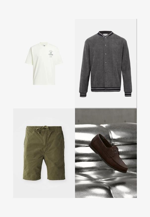 Dunkelgraue Cord-Bomberjacke mit schwarz-weiß gestreiftem, geripptem Kragen, Bündchen und Saum, vorn mit Druckknöpfen verschließbar.; Weißes Baumwoll-T-Shirt mit Rundhalsausschnitt, kurzen Ärmeln und einem grafischen Druck mit "Adidas" und "Los Angeles" in Grün.; Olivgrüne Shorts aus weichem, strukturiertem Stoff. Mit einem elastischen Taillenbund und Zugband sowie seitlichen Taschen.; Brauner Lederloafer mit dunklen Schnürsenkeln, der auf glänzendem, gestepptem silberfarbenem Lederpolster ruht.