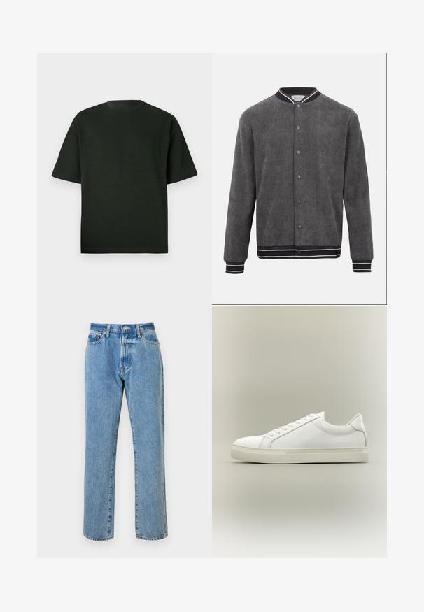 Chaqueta bomber de pana gris oscuro con cuello, puños y dobladillo acanalados a rayas en blanco y negro, cierre frontal con botones a presión.; Camiseta de manga corta verde oscuro con cuello redondo. Hecha de una tela suave, cuenta con un ajuste relajado y sin patrones o acentos visibles.; Jeans de mezclilla azul claro con corte recto, que cuentan con cinco bolsillos, cremalleras y detalles de herrajes en cobre. Detalles desgastados por toda la prenda.; Zapatilla blanca de perfil bajo con cordones en la parte delantera y suela gruesa, mostrada de lado sobre un fondo neutro.